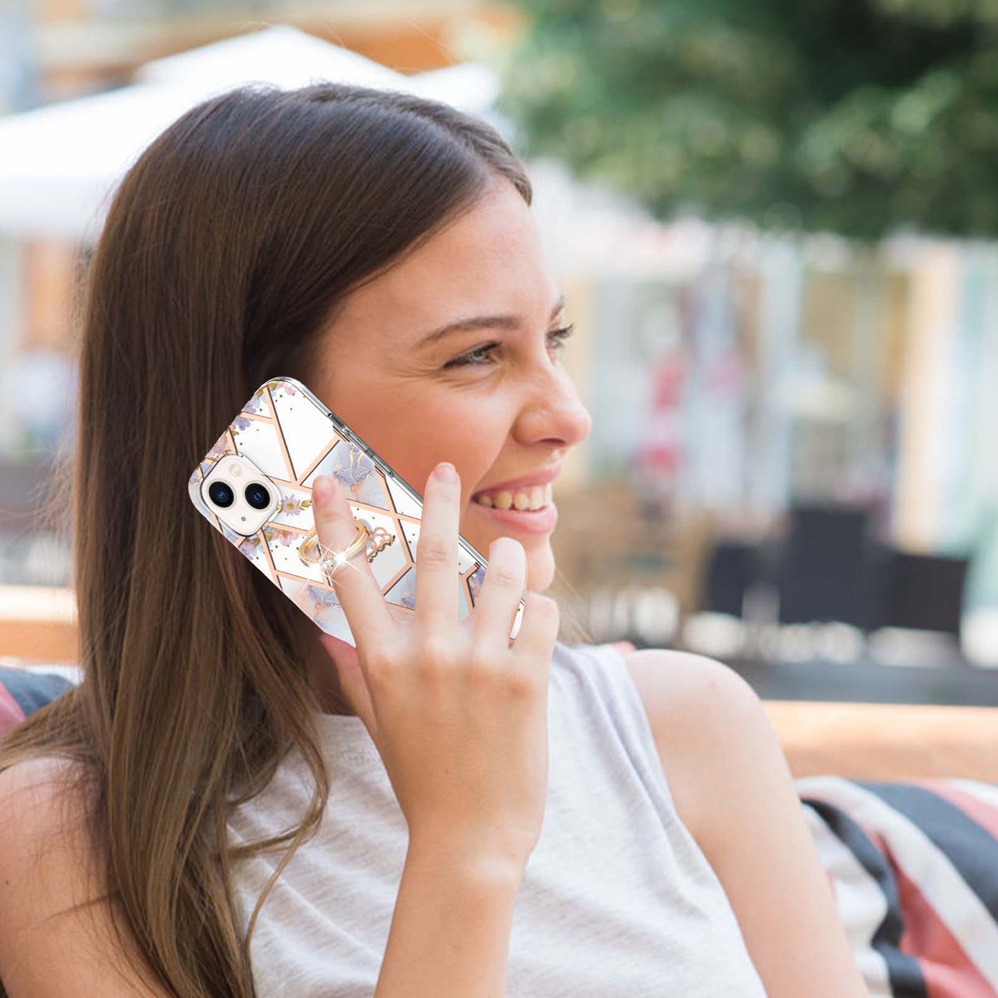 YB IMD Series-6 For iPhone 15 Plus Kickstand TPU Case IMD IML Marble Pattern Electroplating Phone Cover