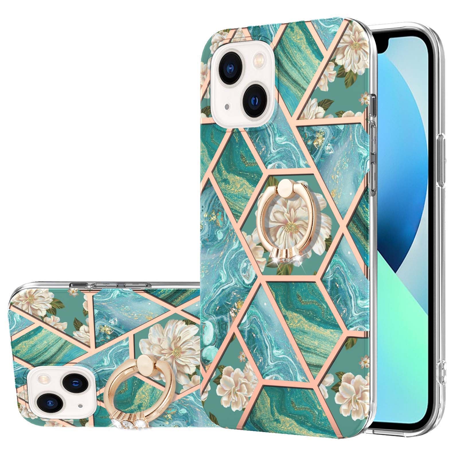 YB IMD Series-6 For iPhone 15 Plus Kickstand TPU Case IMD IML Marble Pattern Electroplating Phone Cover
