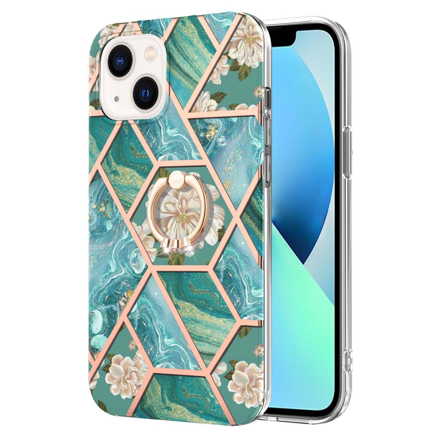 YB IMD Series-6 For iPhone 15 Plus Kickstand TPU Case IMD IML Marble Pattern Electroplating Phone Cover