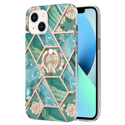 YB IMD Series-6 For iPhone 15 Plus Kickstand TPU Case IMD IML Marble Pattern Electroplating Phone Cover