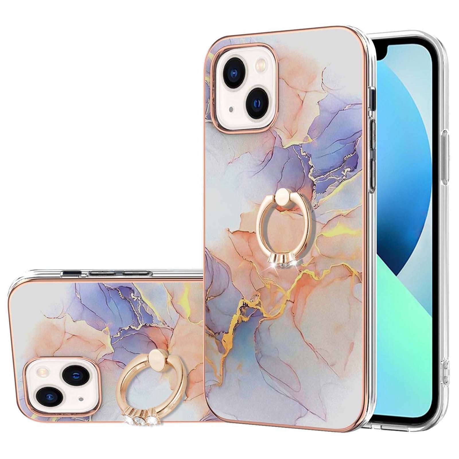 YB IMD Series-6 For iPhone 15 Plus Kickstand TPU Case IMD IML Marble Pattern Electroplating Phone Cover
