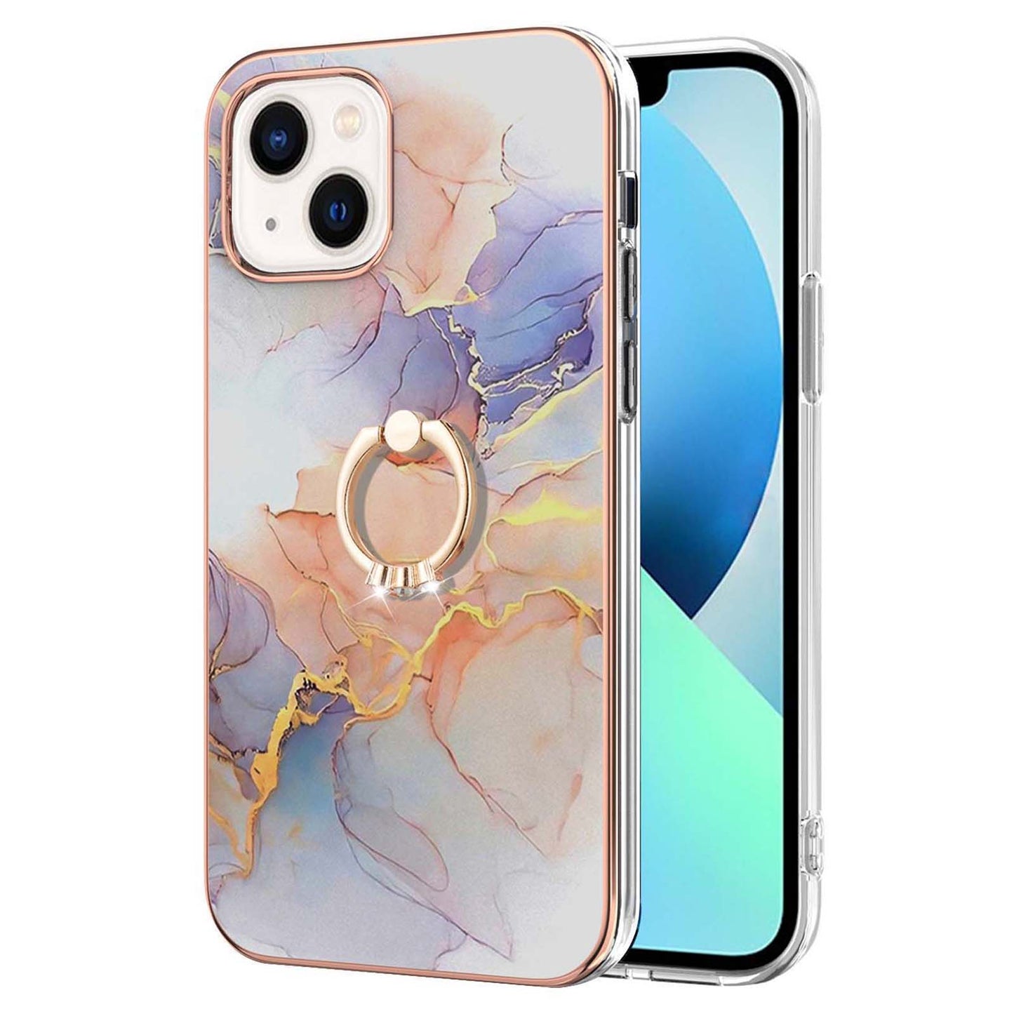 YB IMD Series-6 For iPhone 15 Plus Kickstand TPU Case IMD IML Marble Pattern Electroplating Phone Cover