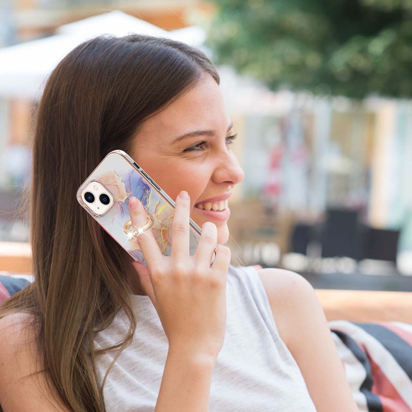 YB IMD Series-6 For iPhone 15 Plus Kickstand TPU Case IMD IML Marble Pattern Electroplating Phone Cover