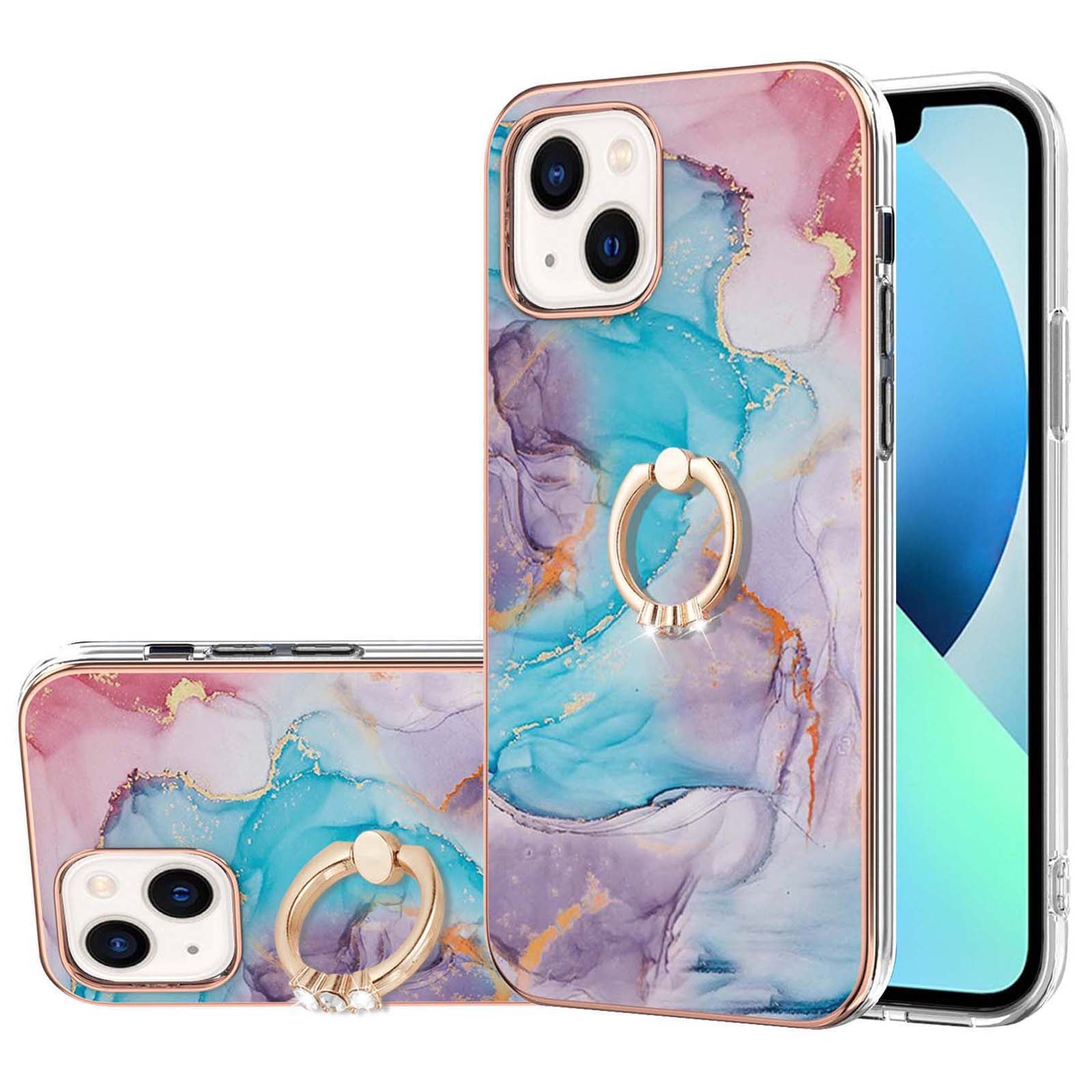 YB IMD Series-6 For iPhone 15 Plus Kickstand TPU Case IMD IML Marble Pattern Electroplating Phone Cover