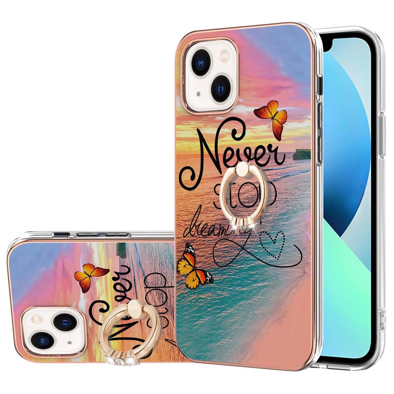 YB IMD Series-6 For iPhone 15 Plus Kickstand TPU Case IMD IML Marble Pattern Electroplating Phone Cover