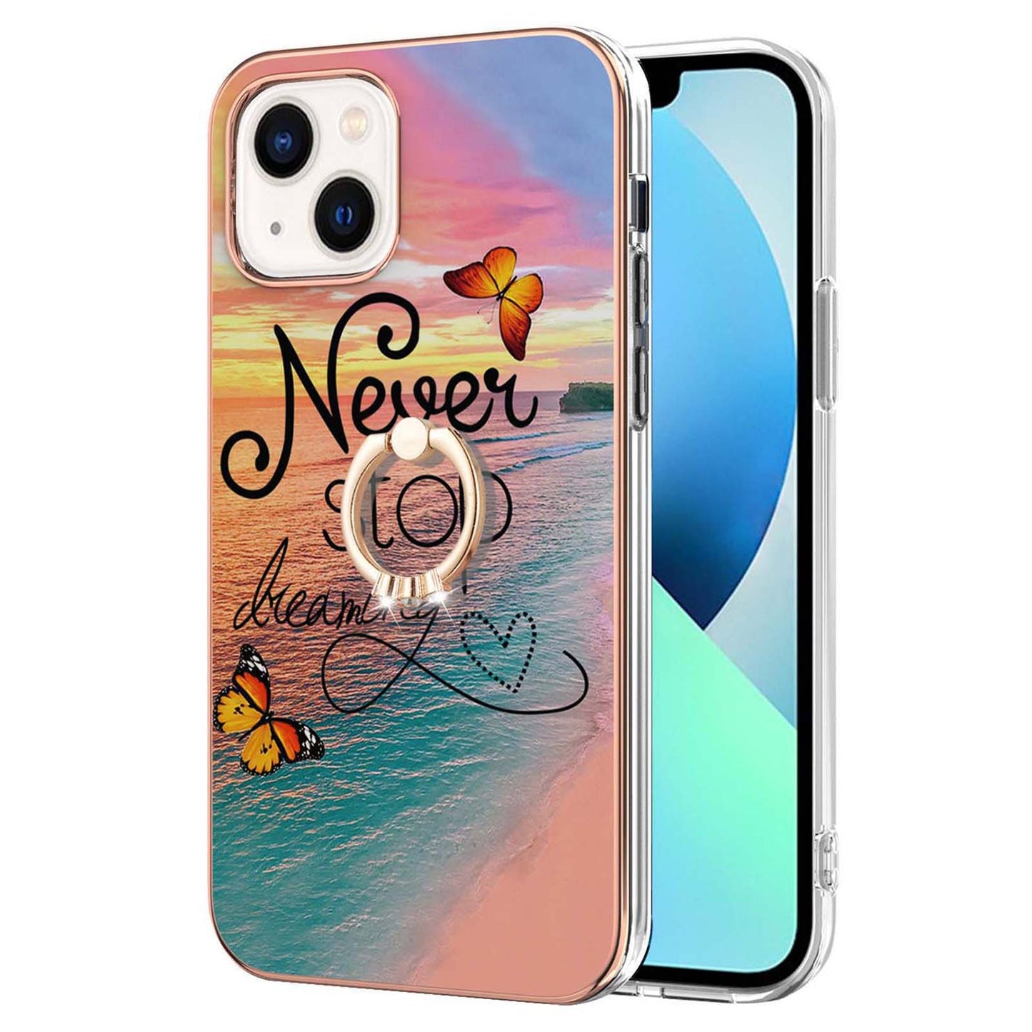 YB IMD Series-6 For iPhone 15 Plus Kickstand TPU Case IMD IML Marble Pattern Electroplating Phone Cover