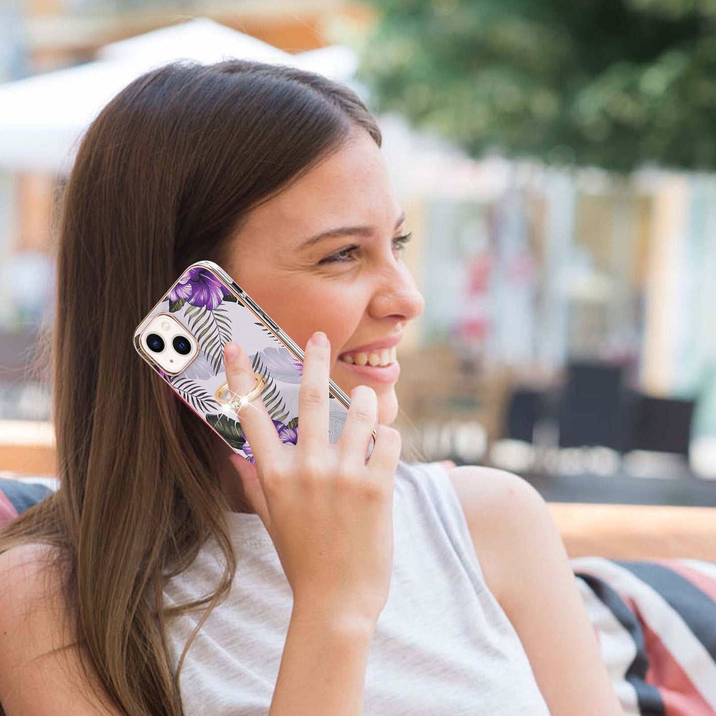 YB IMD Series-6 For iPhone 15 Plus Kickstand TPU Case IMD IML Marble Pattern Electroplating Phone Cover