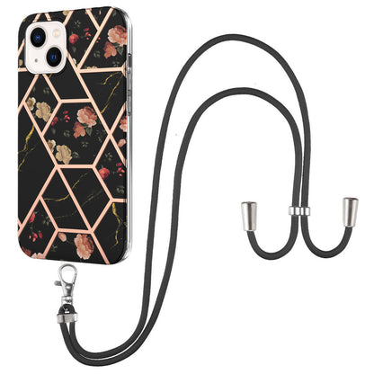 YB IMD Series-4 For iPhone 15 Plus TPU Case IMD Marble Flower Pattern Electroplating Phone Cover with Lanyard