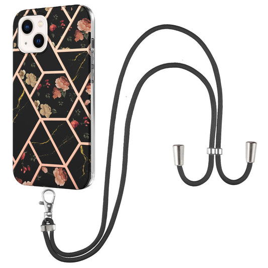 YB IMD Series-4 For iPhone 15 Plus TPU Case IMD Marble Flower Pattern Electroplating Phone Cover with Lanyard