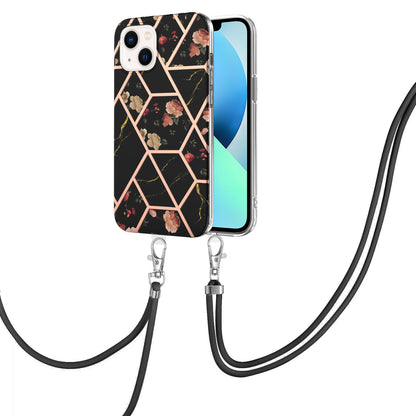 YB IMD Series-4 For iPhone 15 Plus TPU Case IMD Marble Flower Pattern Electroplating Phone Cover with Lanyard