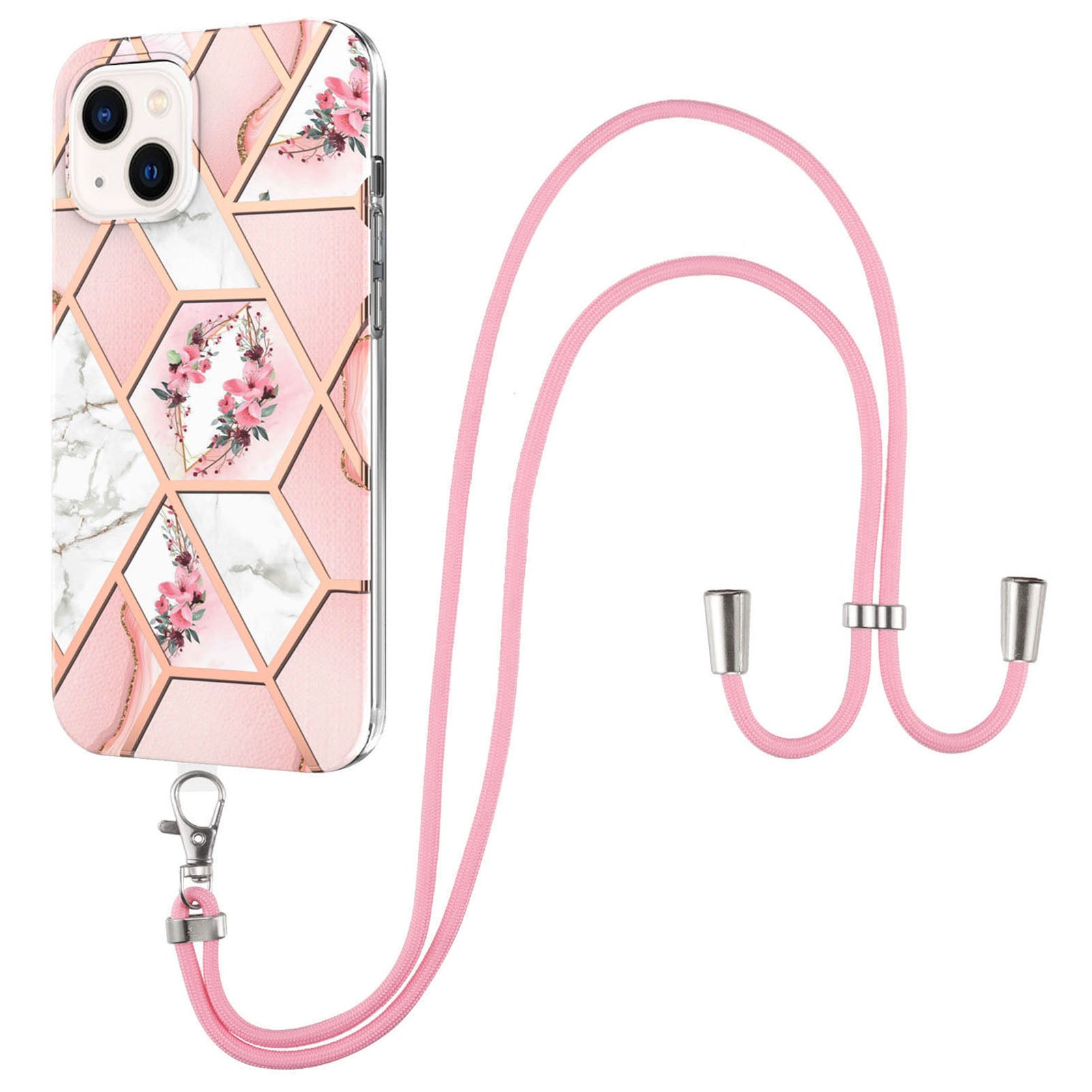 YB IMD Series-4 For iPhone 15 Plus TPU Case IMD Marble Flower Pattern Electroplating Phone Cover with Lanyard