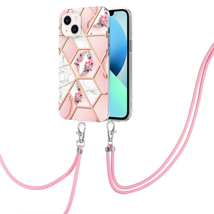 YB IMD Series-4 For iPhone 15 Plus TPU Case IMD Marble Flower Pattern Electroplating Phone Cover with Lanyard