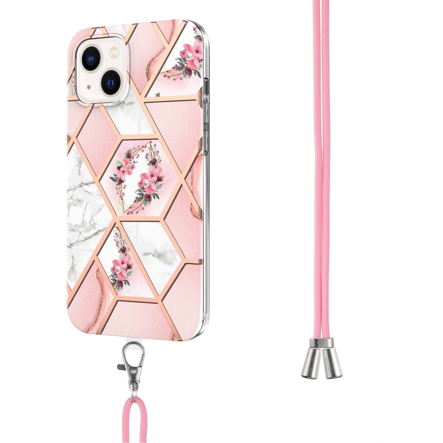 YB IMD Series-4 For iPhone 15 Plus TPU Case IMD Marble Flower Pattern Electroplating Phone Cover with Lanyard