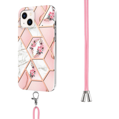 YB IMD Series-4 For iPhone 15 Plus TPU Case IMD Marble Flower Pattern Electroplating Phone Cover with Lanyard