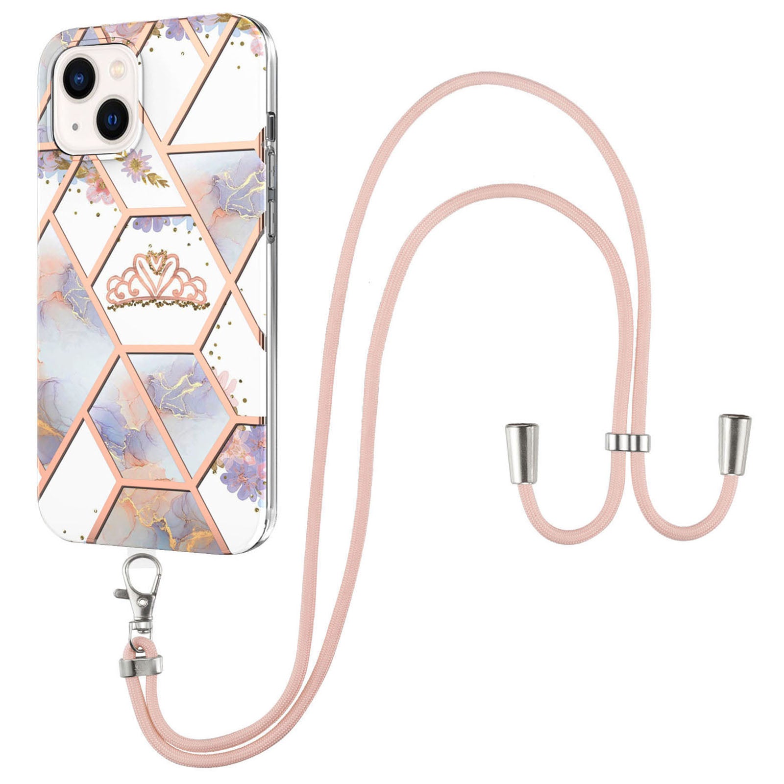 YB IMD Series-4 For iPhone 15 Plus TPU Case IMD Marble Flower Pattern Electroplating Phone Cover with Lanyard