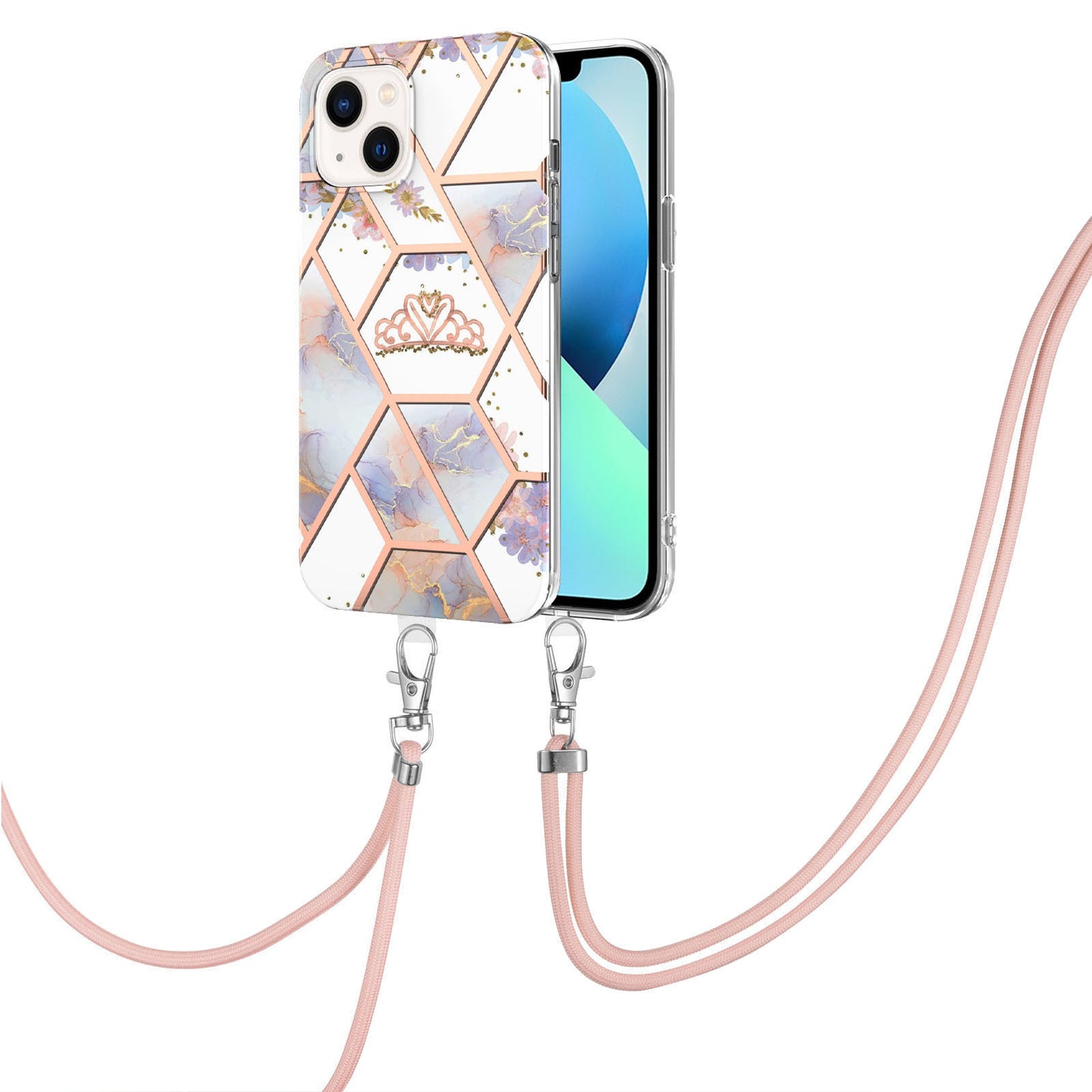 YB IMD Series-4 For iPhone 15 Plus TPU Case IMD Marble Flower Pattern Electroplating Phone Cover with Lanyard