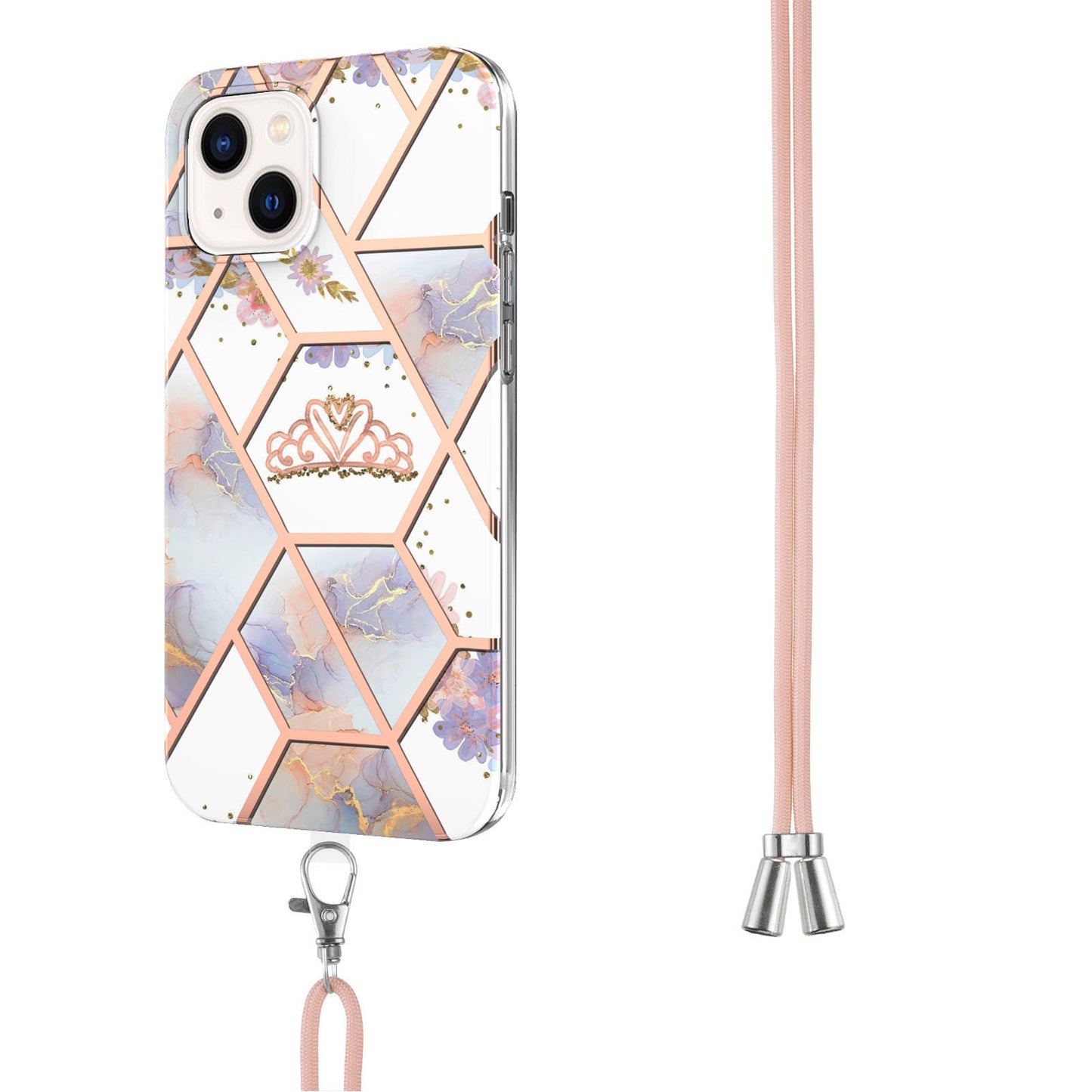 YB IMD Series-4 For iPhone 15 Plus TPU Case IMD Marble Flower Pattern Electroplating Phone Cover with Lanyard