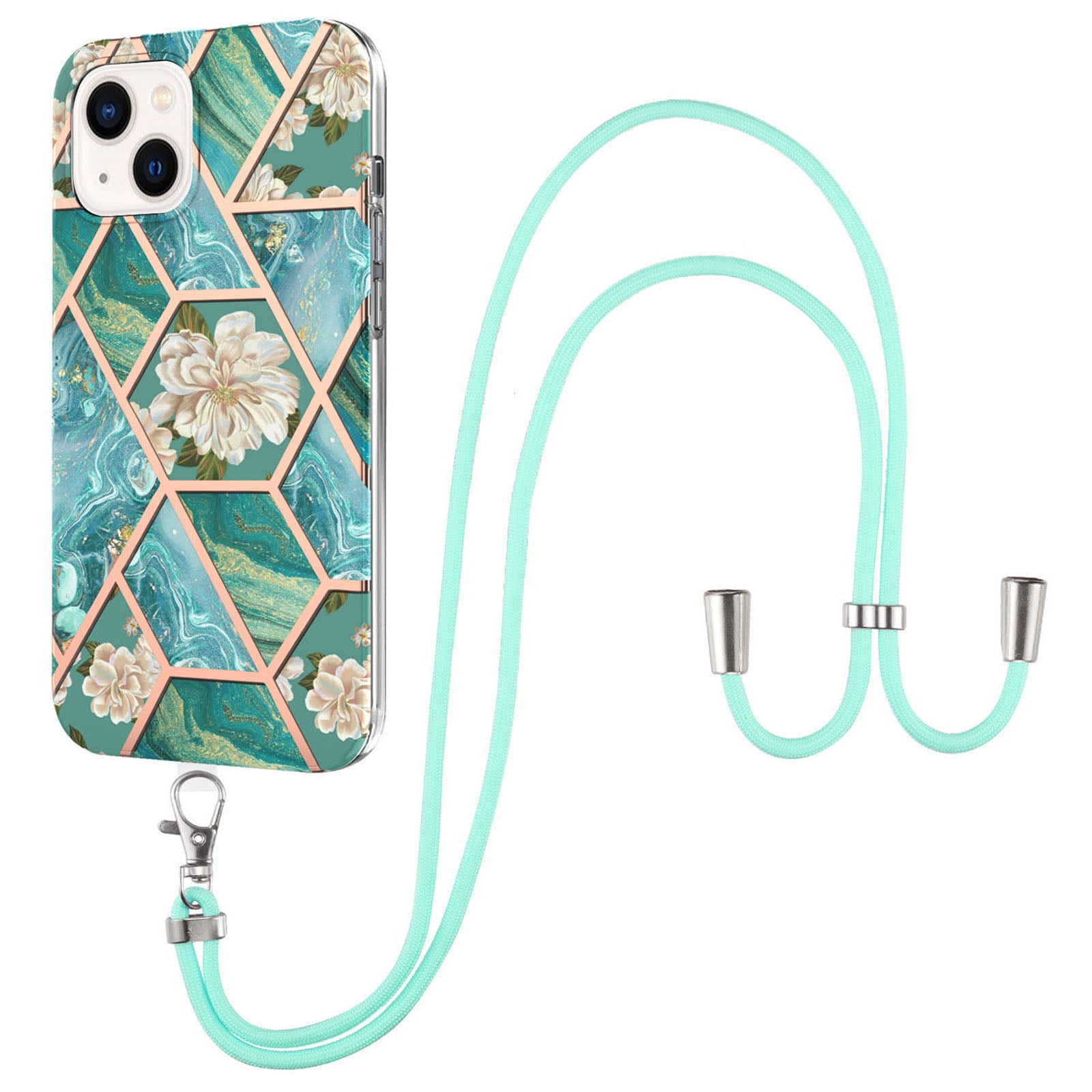 YB IMD Series-4 For iPhone 15 Plus TPU Case IMD Marble Flower Pattern Electroplating Phone Cover with Lanyard
