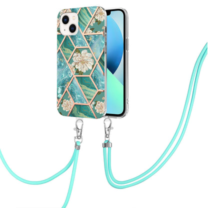 YB IMD Series-4 For iPhone 15 Plus TPU Case IMD Marble Flower Pattern Electroplating Phone Cover with Lanyard