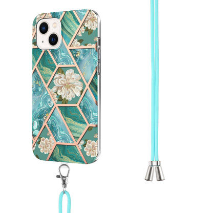 YB IMD Series-4 For iPhone 15 Plus TPU Case IMD Marble Flower Pattern Electroplating Phone Cover with Lanyard