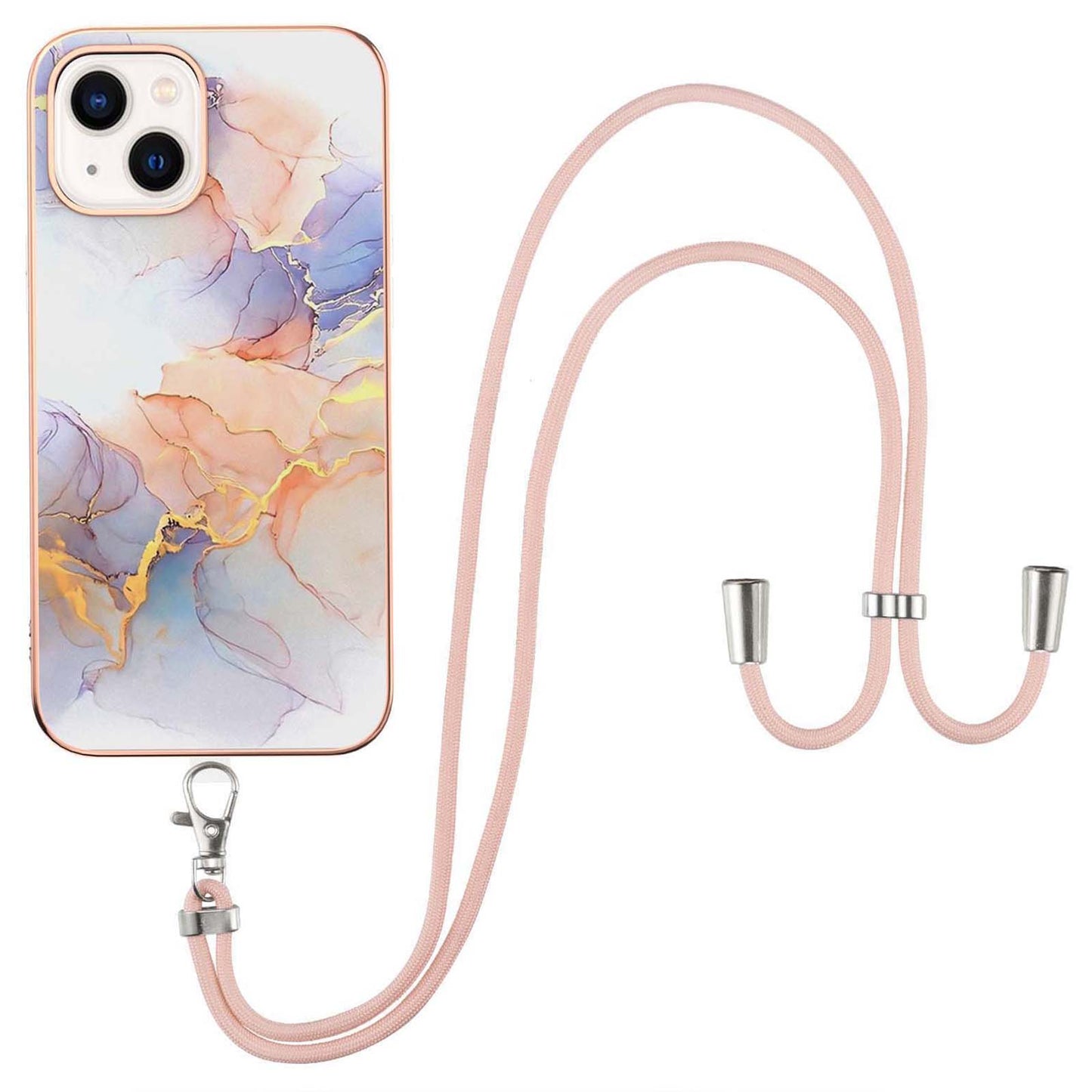 YB IMD Series-4 For iPhone 15 Plus TPU Case IMD Marble Flower Pattern Electroplating Phone Cover with Lanyard