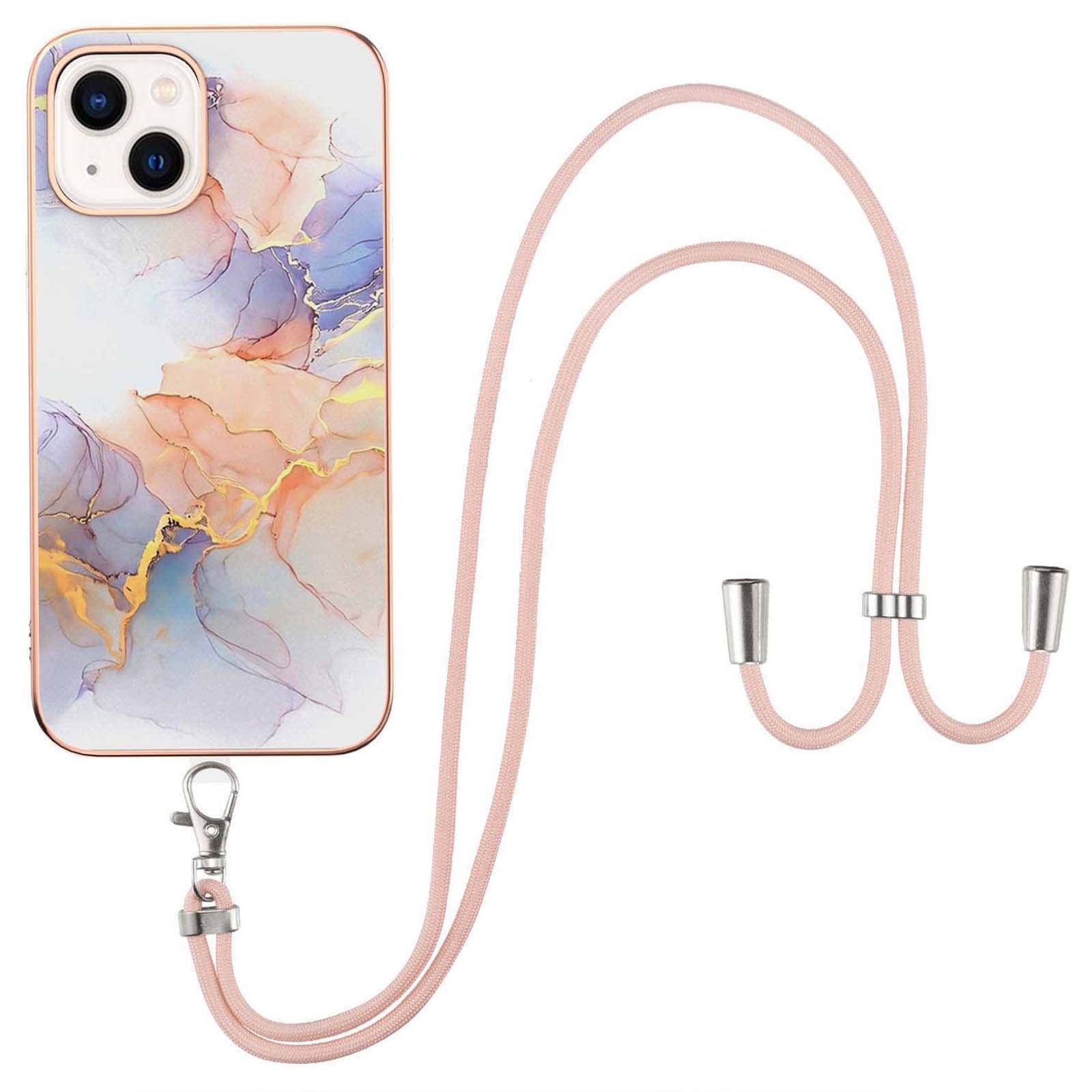 YB IMD Series-4 For iPhone 15 Plus TPU Case IMD Marble Flower Pattern Electroplating Phone Cover with Lanyard