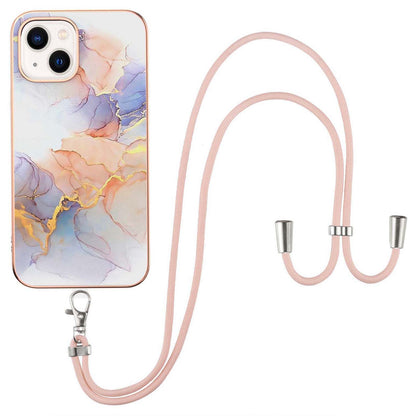 YB IMD Series-4 For iPhone 15 Plus TPU Case IMD Marble Flower Pattern Electroplating Phone Cover with Lanyard