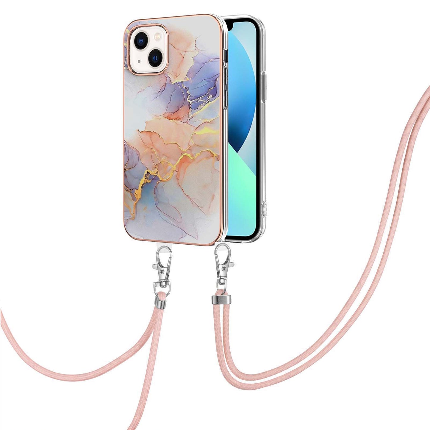 YB IMD Series-4 For iPhone 15 Plus TPU Case IMD Marble Flower Pattern Electroplating Phone Cover with Lanyard