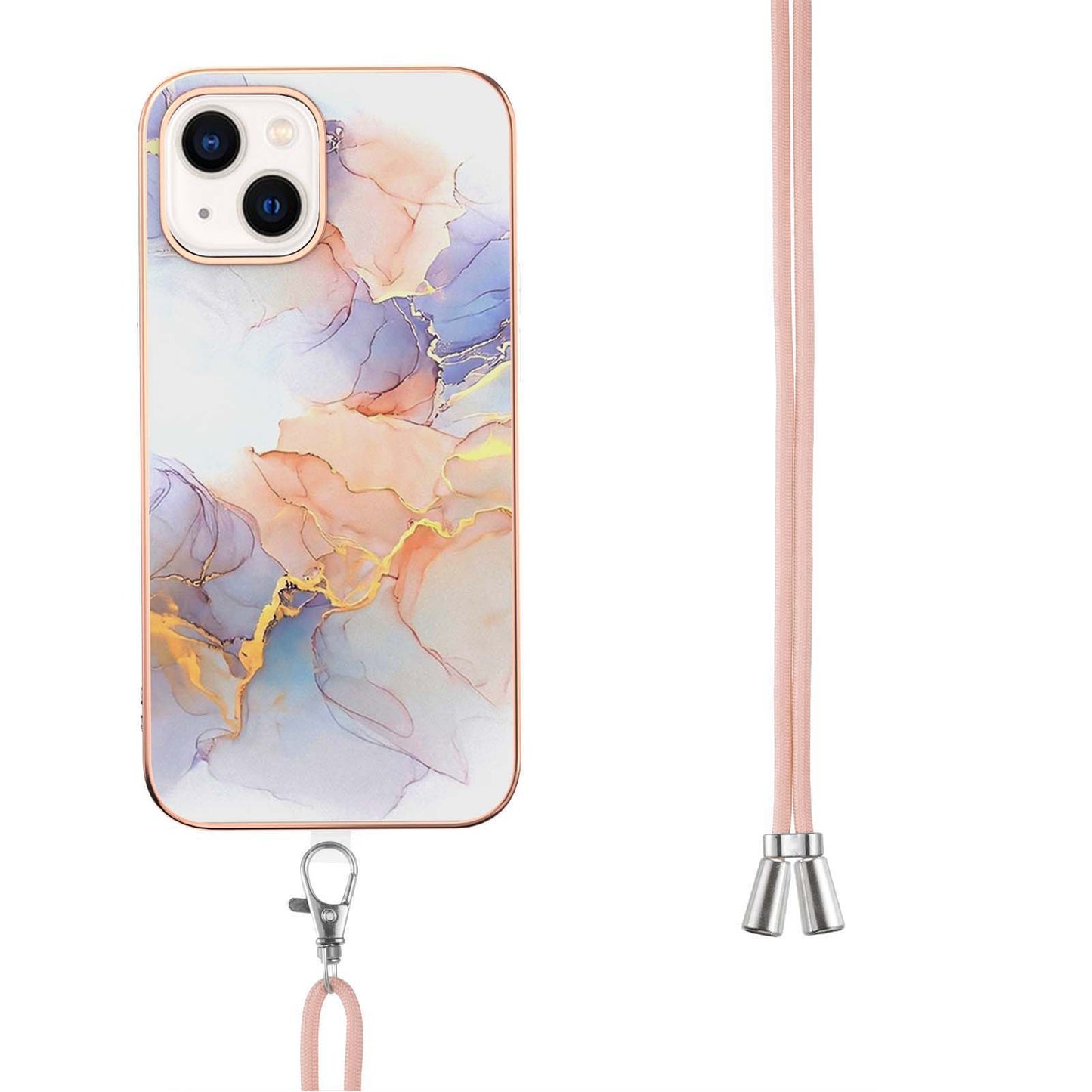 YB IMD Series-4 For iPhone 15 Plus TPU Case IMD Marble Flower Pattern Electroplating Phone Cover with Lanyard