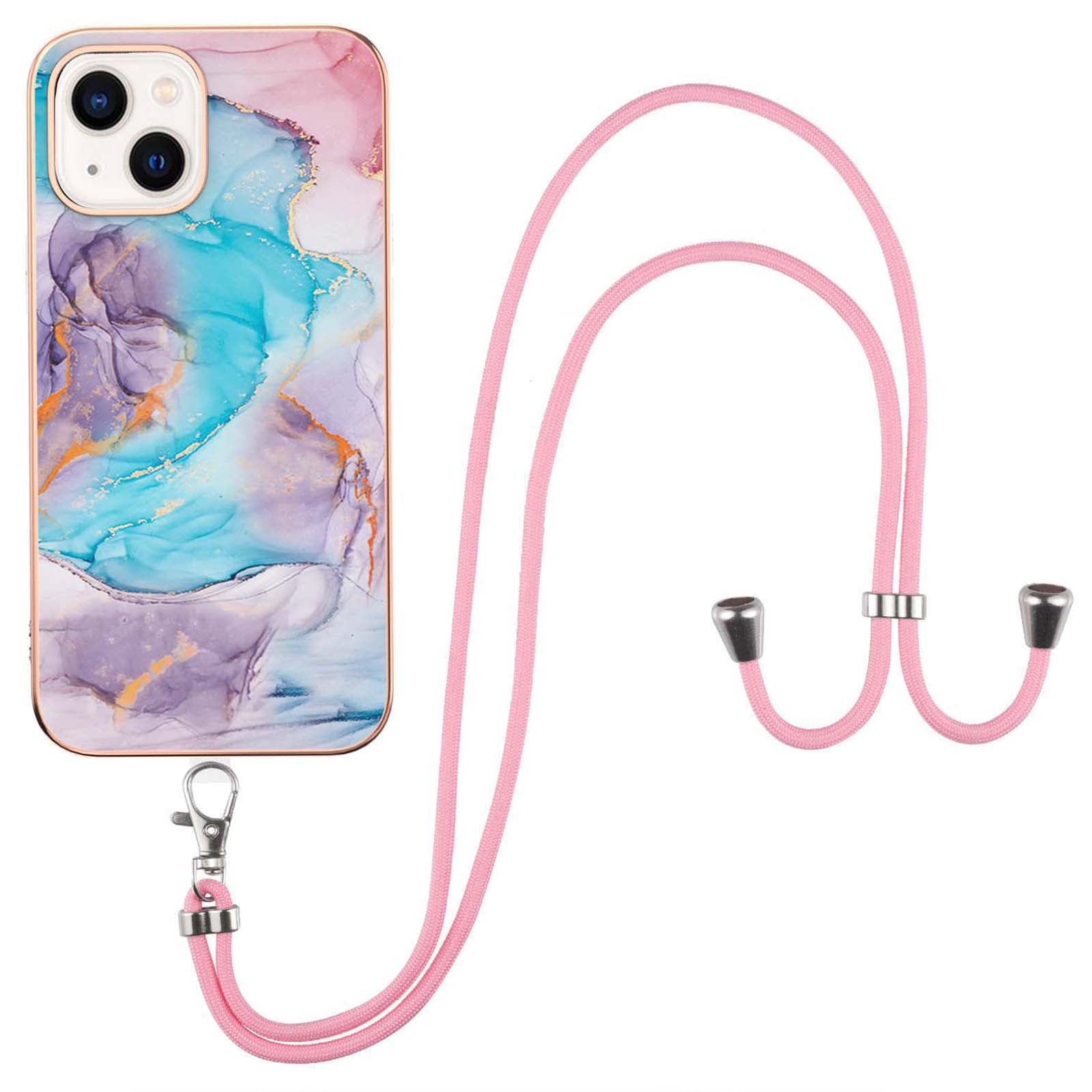 YB IMD Series-4 For iPhone 15 Plus TPU Case IMD Marble Flower Pattern Electroplating Phone Cover with Lanyard