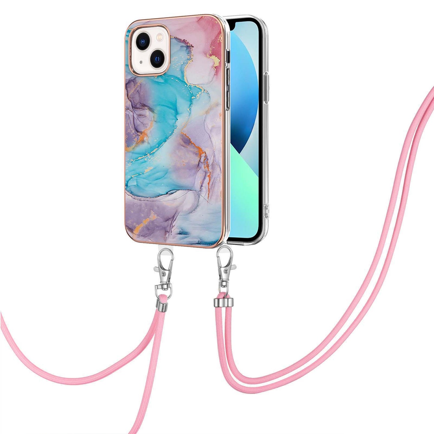 YB IMD Series-4 For iPhone 15 Plus TPU Case IMD Marble Flower Pattern Electroplating Phone Cover with Lanyard