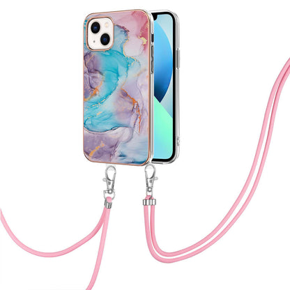 YB IMD Series-4 For iPhone 15 Plus TPU Case IMD Marble Flower Pattern Electroplating Phone Cover with Lanyard