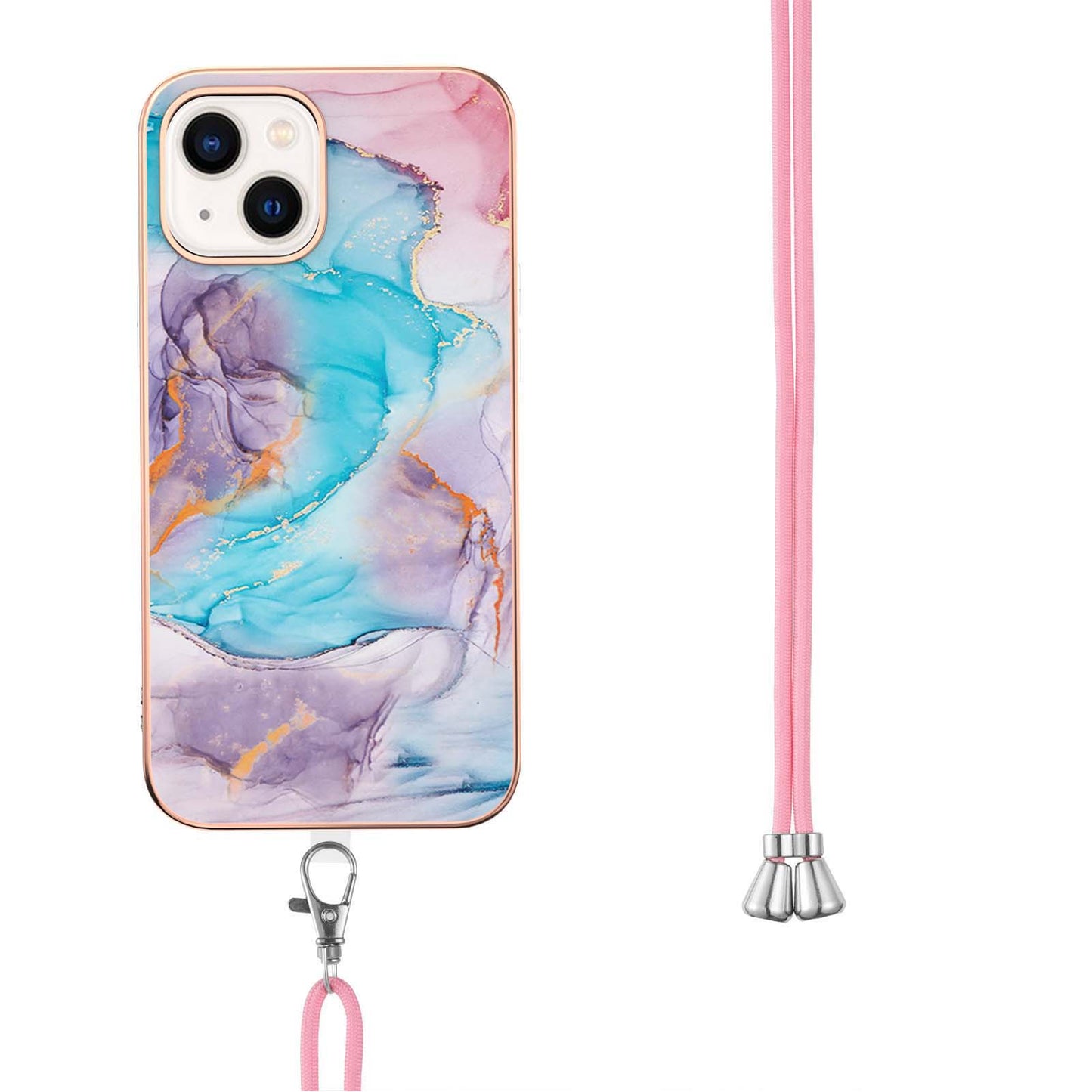 YB IMD Series-4 For iPhone 15 Plus TPU Case IMD Marble Flower Pattern Electroplating Phone Cover with Lanyard