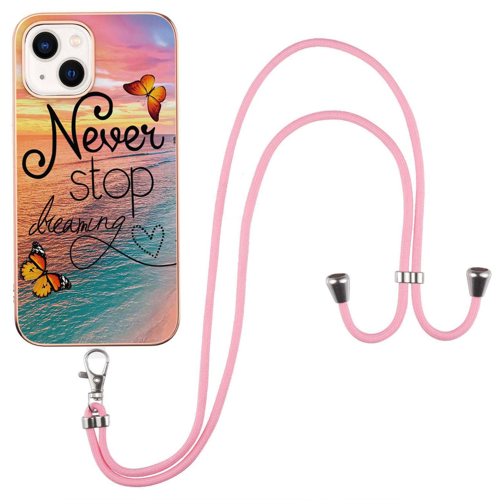 YB IMD Series-4 For iPhone 15 Plus TPU Case IMD Marble Flower Pattern Electroplating Phone Cover with Lanyard
