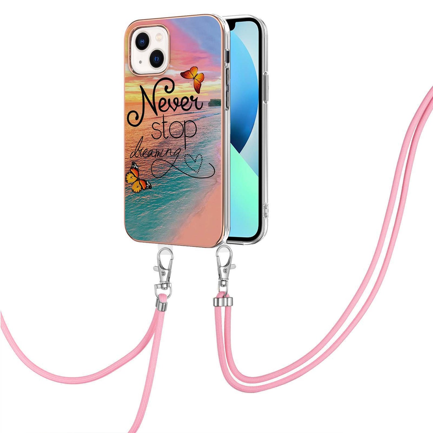 YB IMD Series-4 For iPhone 15 Plus TPU Case IMD Marble Flower Pattern Electroplating Phone Cover with Lanyard