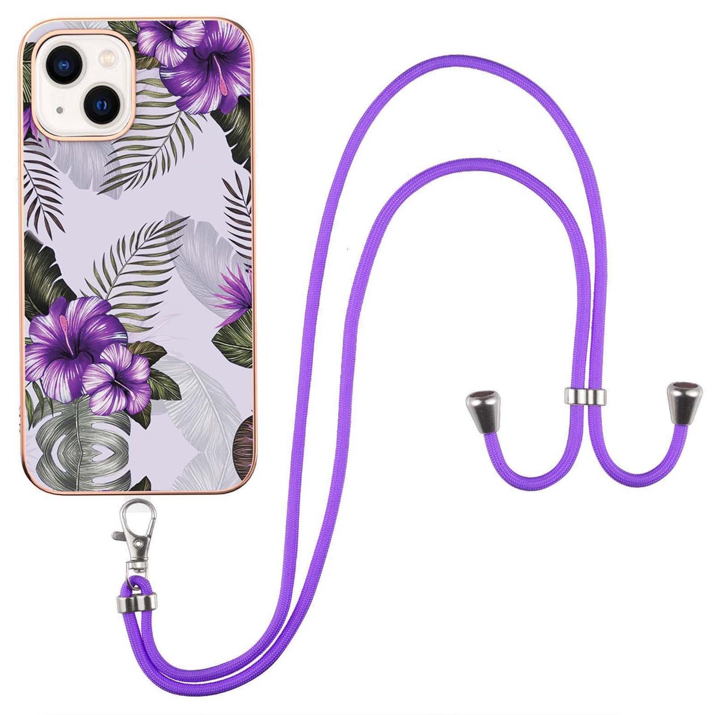 YB IMD Series-4 For iPhone 15 Plus TPU Case IMD Marble Flower Pattern Electroplating Phone Cover with Lanyard
