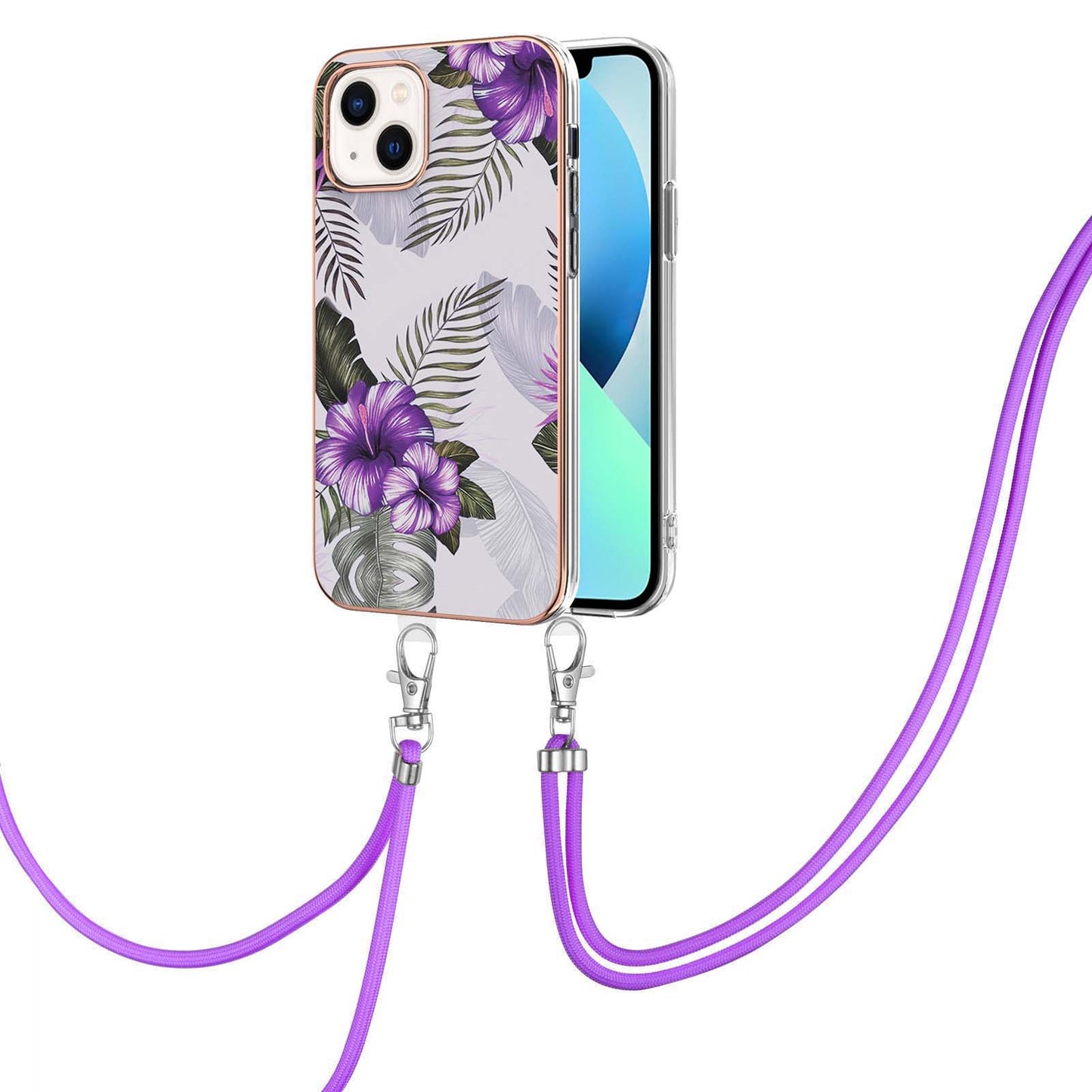 YB IMD Series-4 For iPhone 15 Plus TPU Case IMD Marble Flower Pattern Electroplating Phone Cover with Lanyard