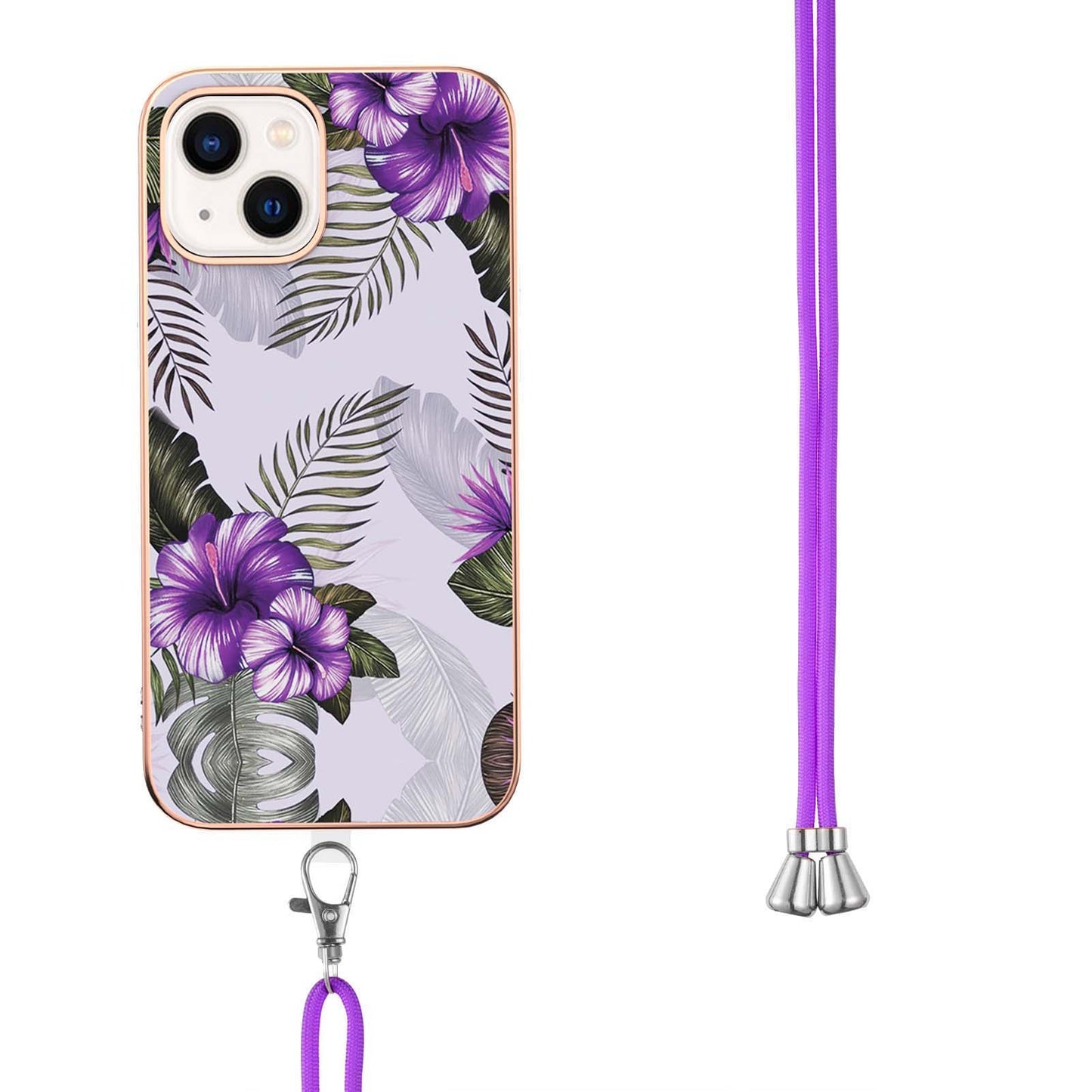 YB IMD Series-4 For iPhone 15 Plus TPU Case IMD Marble Flower Pattern Electroplating Phone Cover with Lanyard