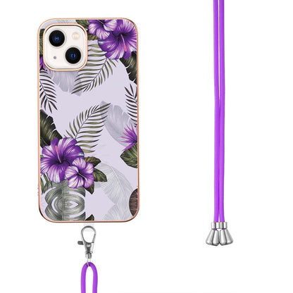 YB IMD Series-4 For iPhone 15 Plus TPU Case IMD Marble Flower Pattern Electroplating Phone Cover with Lanyard