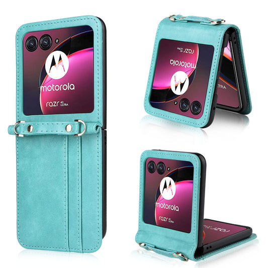 For Motorola Razr 40 Ultra 5G Hard PC + PU Leather Cover One-piece Design Card Slots Phone Case with Lanyard