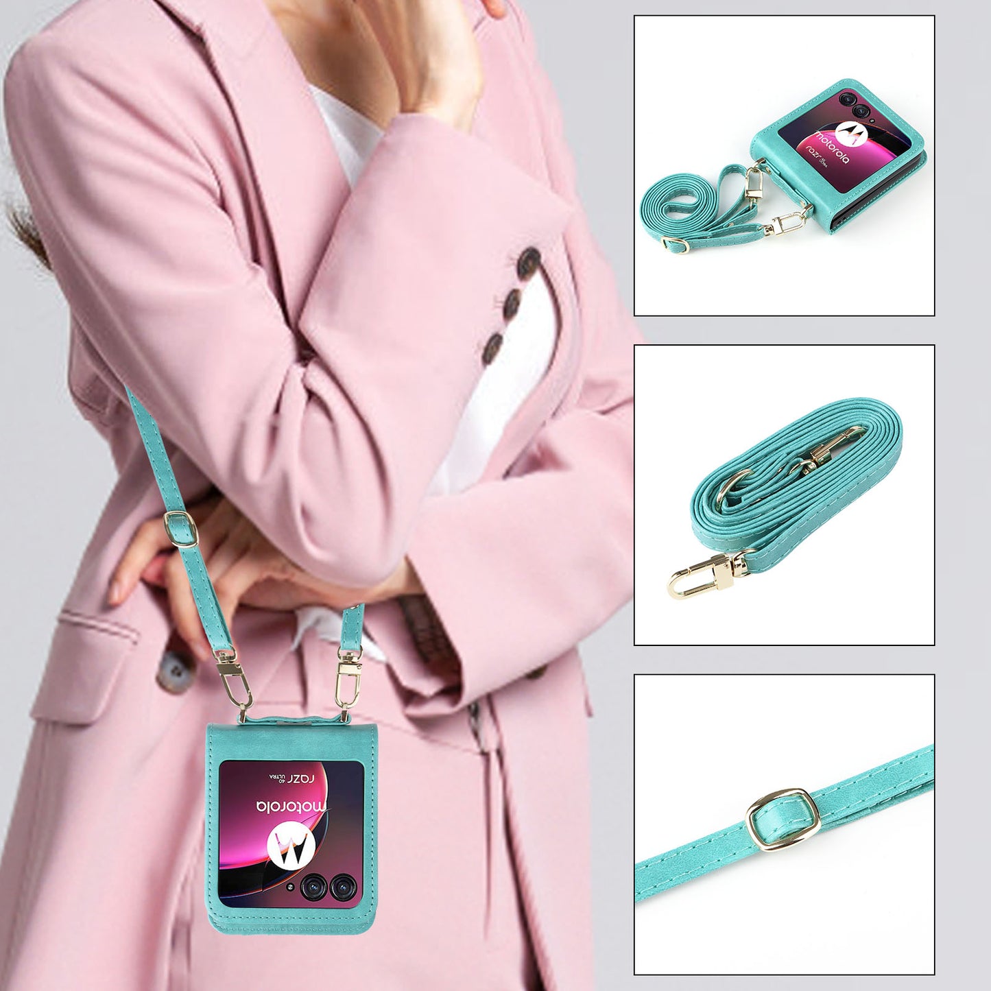 For Motorola Razr 40 Ultra 5G Hard PC + PU Leather Cover One-piece Design Card Slots Phone Case with Lanyard