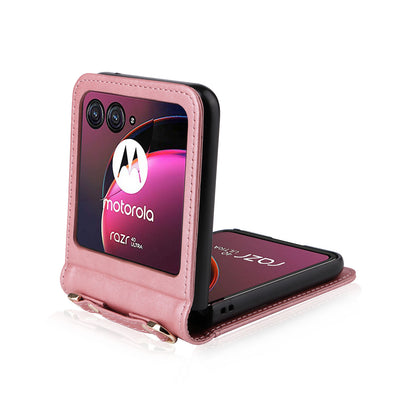 For Motorola Razr 40 Ultra 5G Hard PC + PU Leather Cover One-piece Design Card Slots Phone Case with Lanyard
