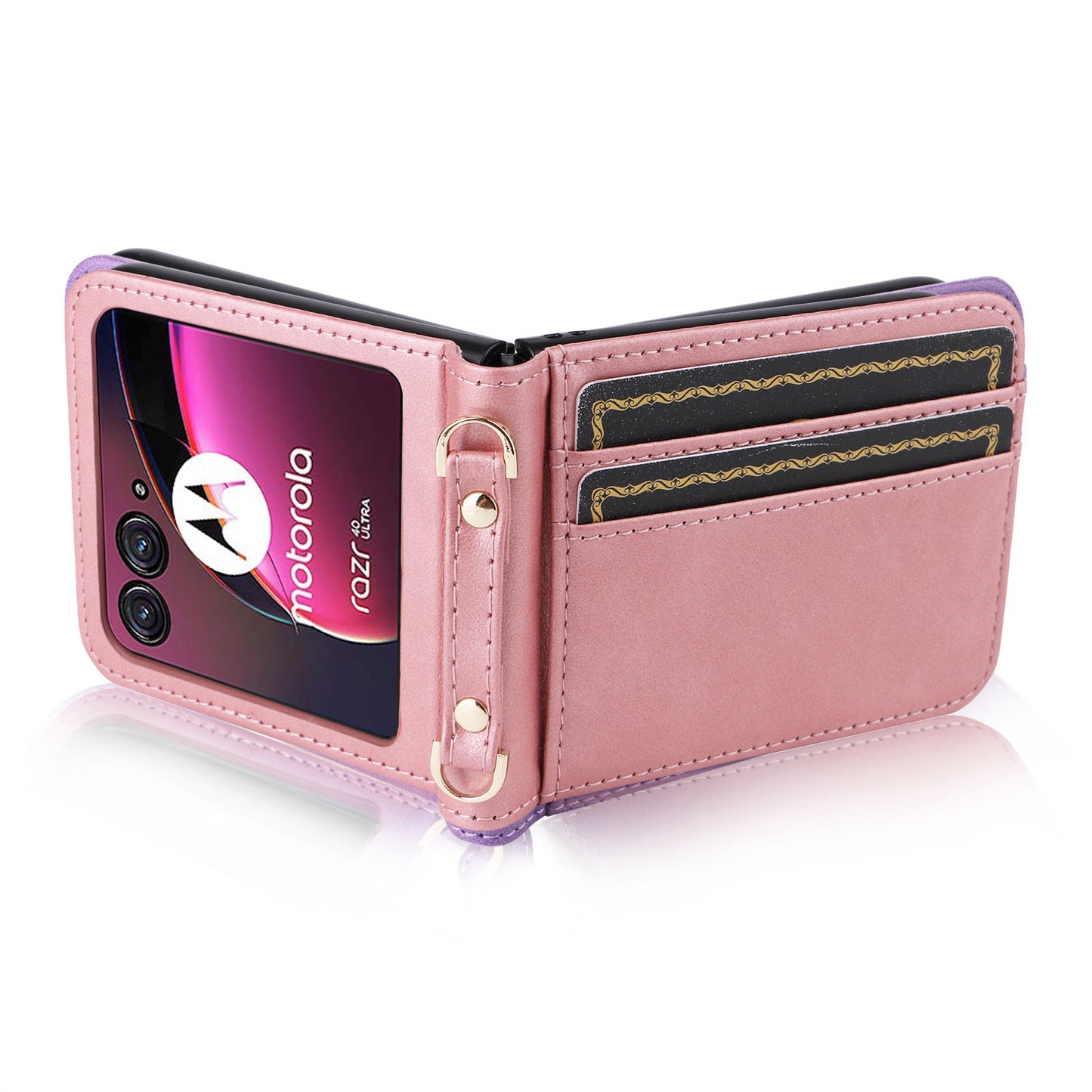 For Motorola Razr 40 Ultra 5G Hard PC + PU Leather Cover One-piece Design Card Slots Phone Case with Lanyard