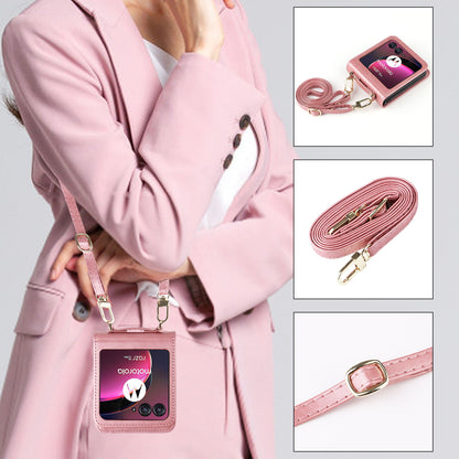 For Motorola Razr 40 Ultra 5G Hard PC + PU Leather Cover One-piece Design Card Slots Phone Case with Lanyard