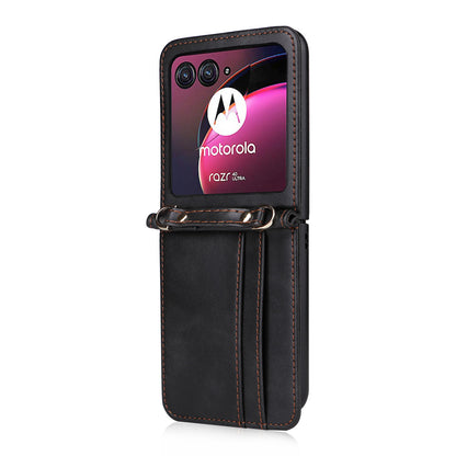 For Motorola Razr 40 Ultra 5G Hard PC + PU Leather Cover One-piece Design Card Slots Phone Case with Lanyard