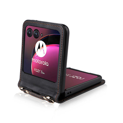 For Motorola Razr 40 Ultra 5G Hard PC + PU Leather Cover One-piece Design Card Slots Phone Case with Lanyard