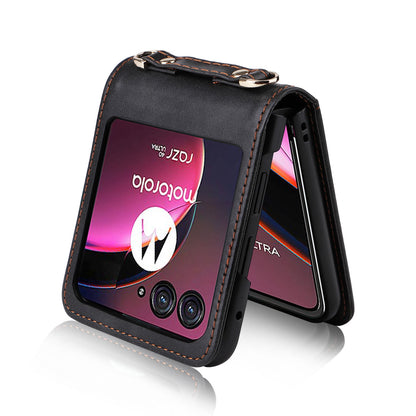 For Motorola Razr 40 Ultra 5G Hard PC + PU Leather Cover One-piece Design Card Slots Phone Case with Lanyard