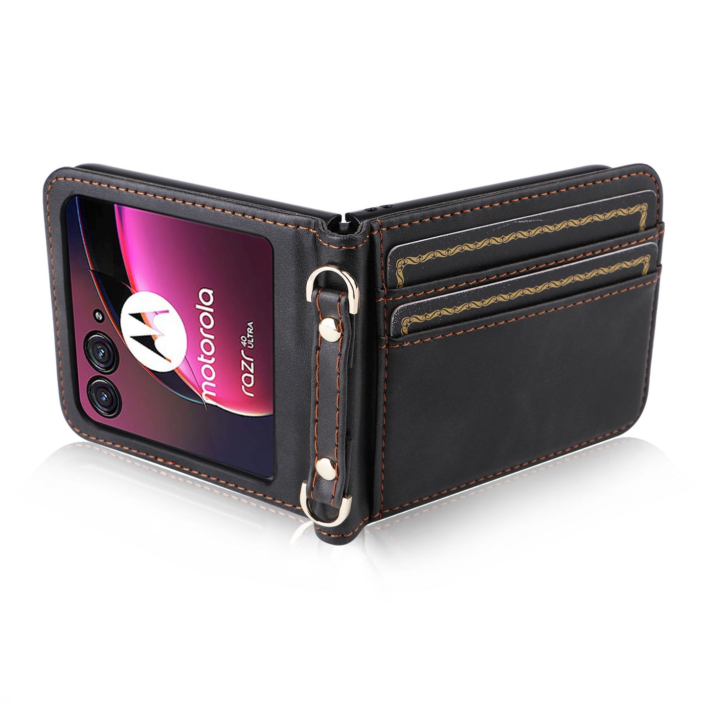 For Motorola Razr 40 Ultra 5G Hard PC + PU Leather Cover One-piece Design Card Slots Phone Case with Lanyard