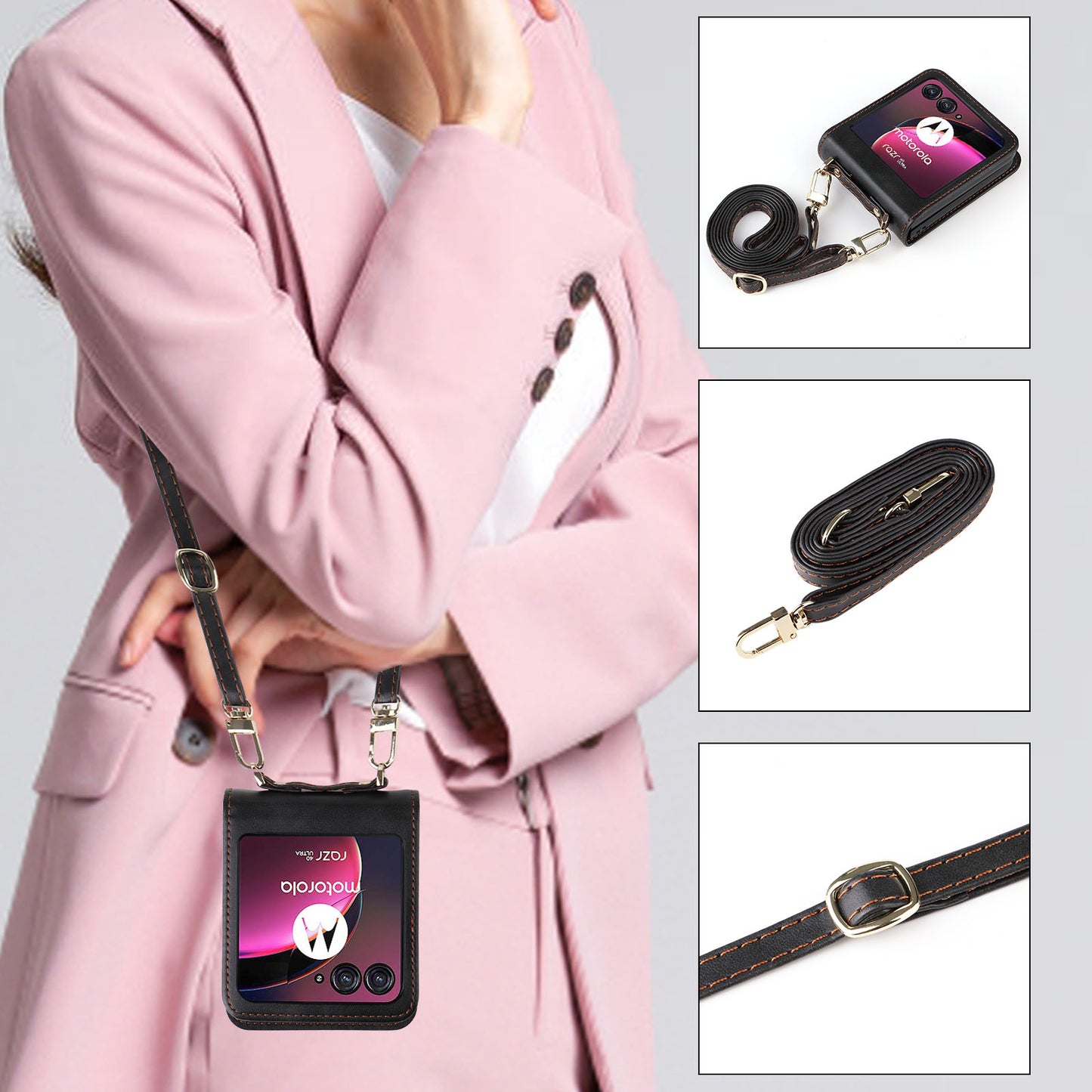For Motorola Razr 40 Ultra 5G Hard PC + PU Leather Cover One-piece Design Card Slots Phone Case with Lanyard