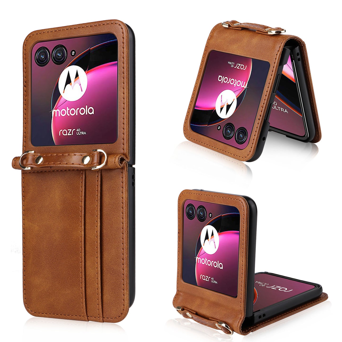 For Motorola Razr 40 Ultra 5G Hard PC + PU Leather Cover One-piece Design Card Slots Phone Case with Lanyard